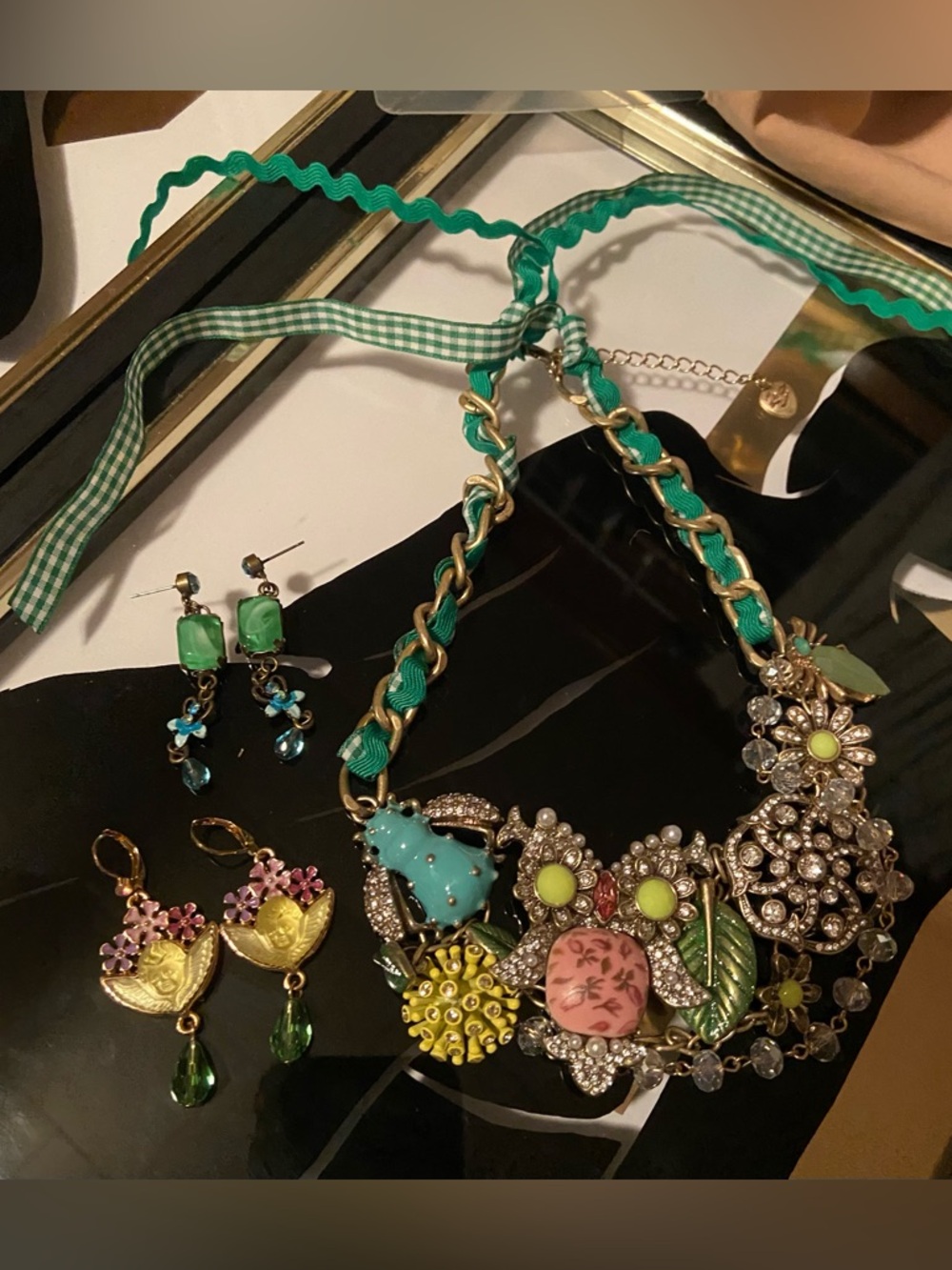 Betsey Johnson Floral Multi-Accent Necklace w/ Ribbon & 2 pair of Earrings(1 KF)